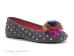 Zels 2378 Gris - Pois Et Pompon Multicolores - Pantoufle Ballerine
